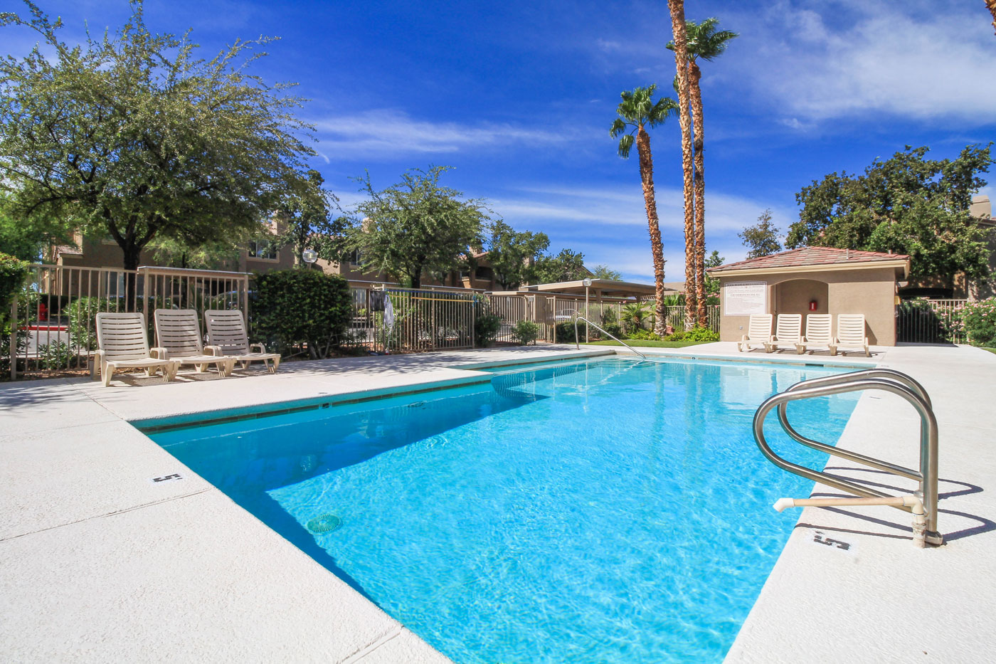 View of blue pool at San Tropez in Las Vegas.